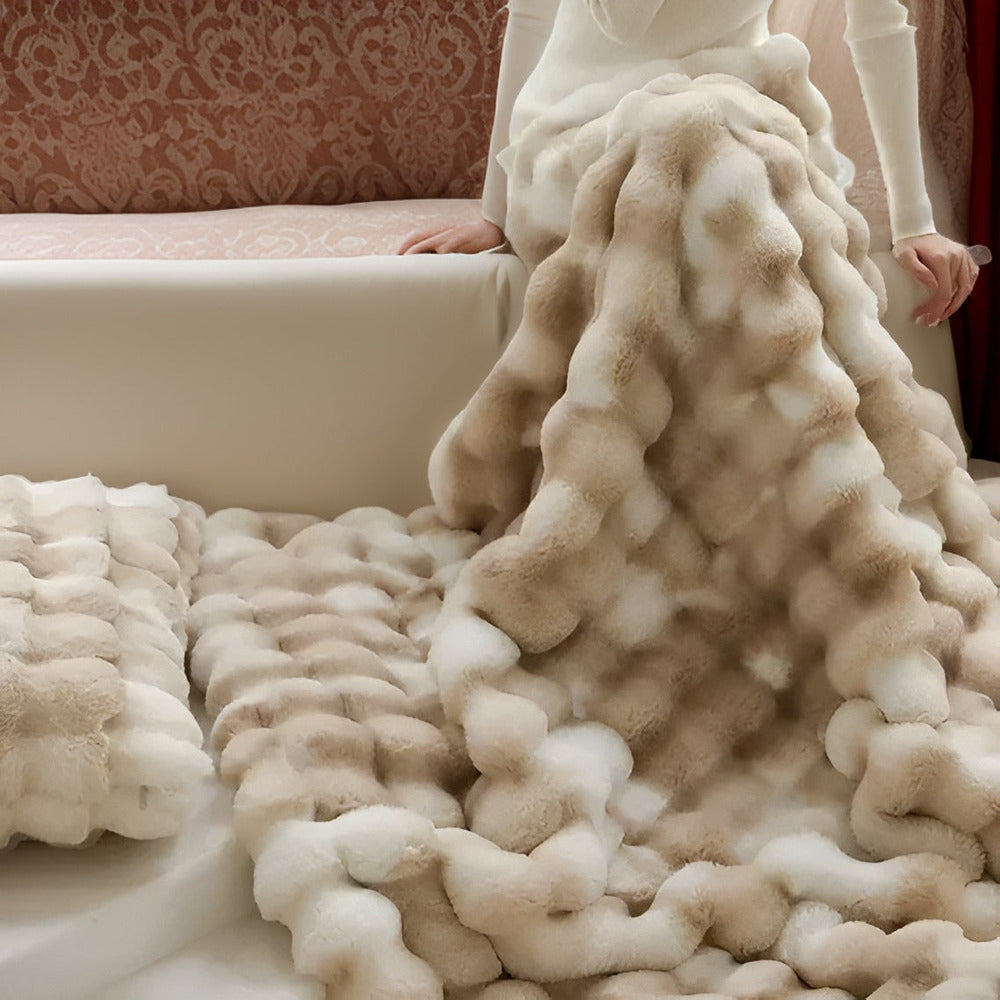 Faux Fur Throw Blanket with Embossed Bubble Texture