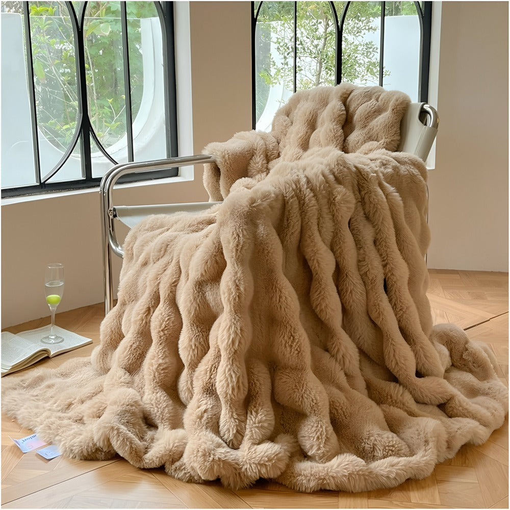 Faux Fur Throw Blanket with Embossed Bubble Texture