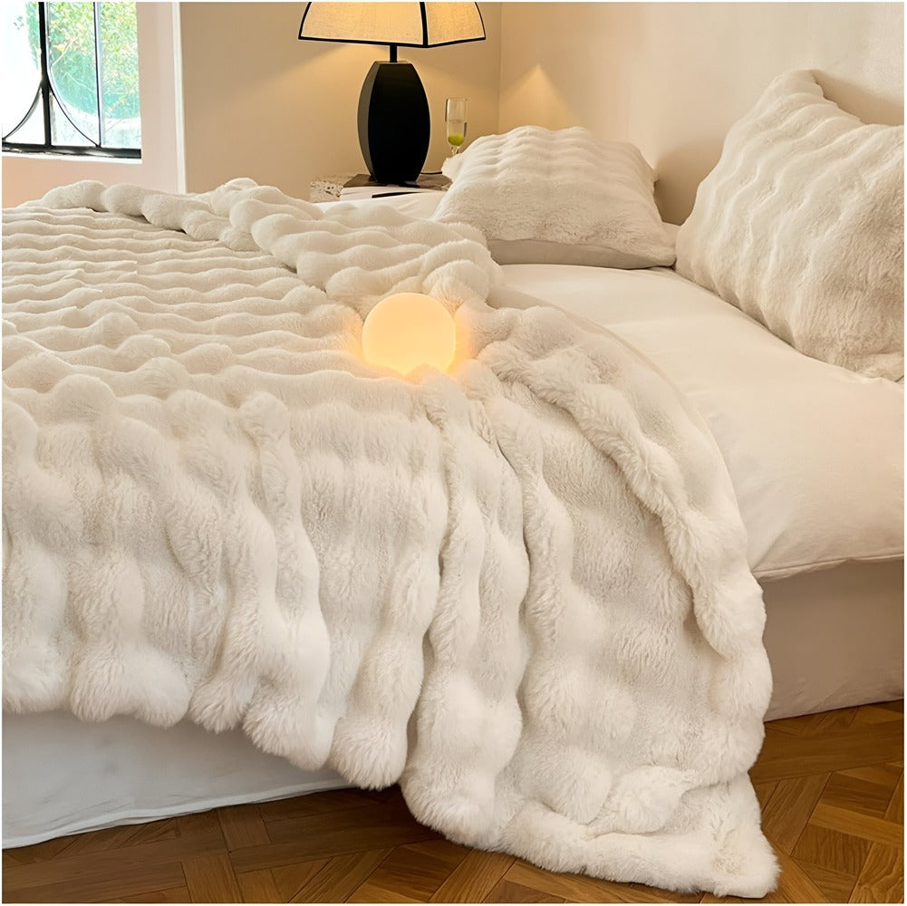 Faux Fur Throw Blanket with Embossed Bubble Texture