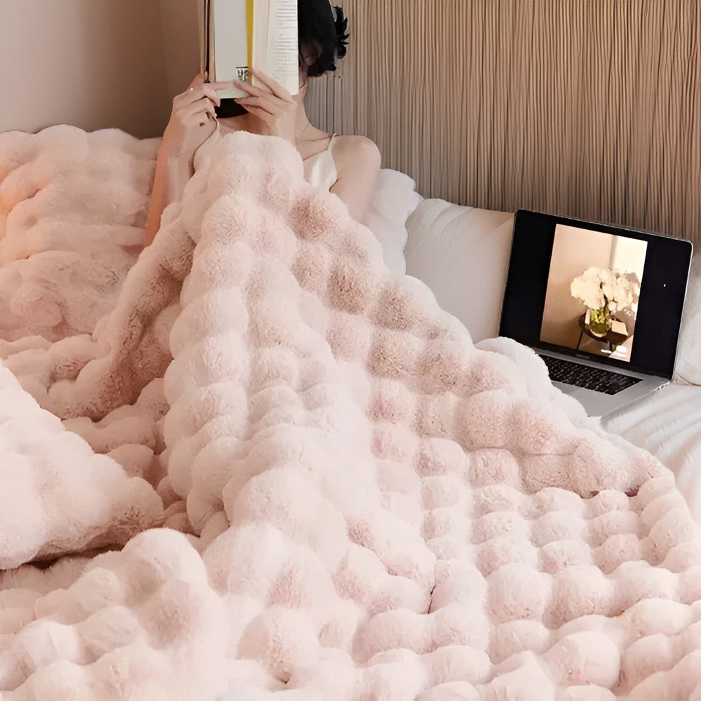 Faux Fur Throw Blanket with Embossed Bubble Texture