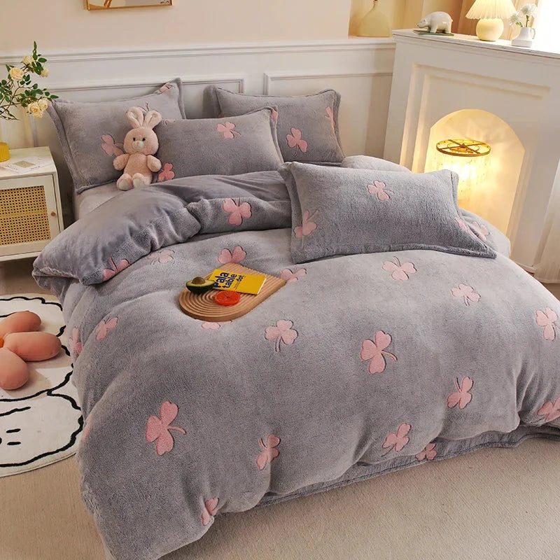 Flannel Fleece Duvet Cover Set with 2 Pillowcases