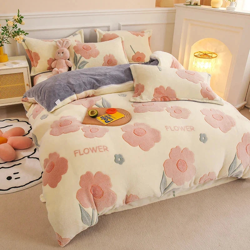 Flannel Fleece Duvet Cover Set with 2 Pillowcases