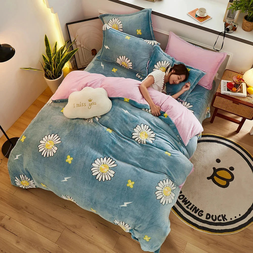 Flannel Fleece Duvet Cover Set with 2 Pillowcases