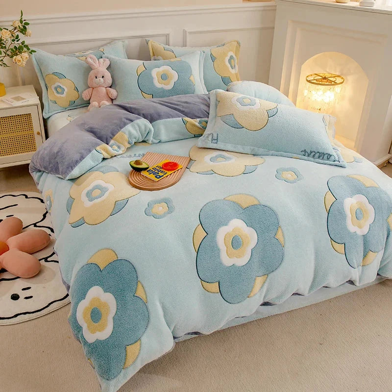 Flannel Fleece Duvet Cover Set with 2 Pillowcases