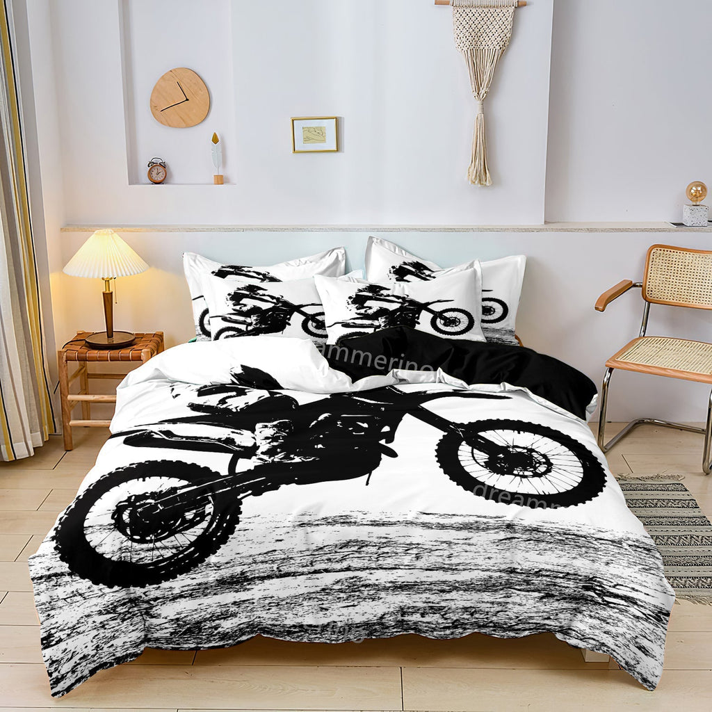 Motocross Print Duvet Cover Set in Black and White