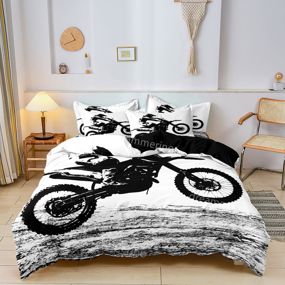 Motocross Print Duvet Cover Set in Black and White