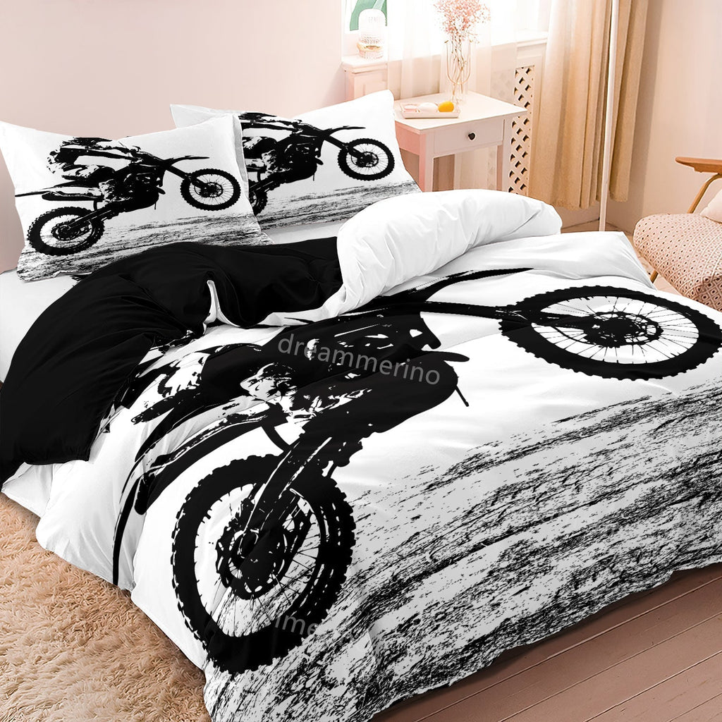 Motocross Print Duvet Cover Set in Black and White