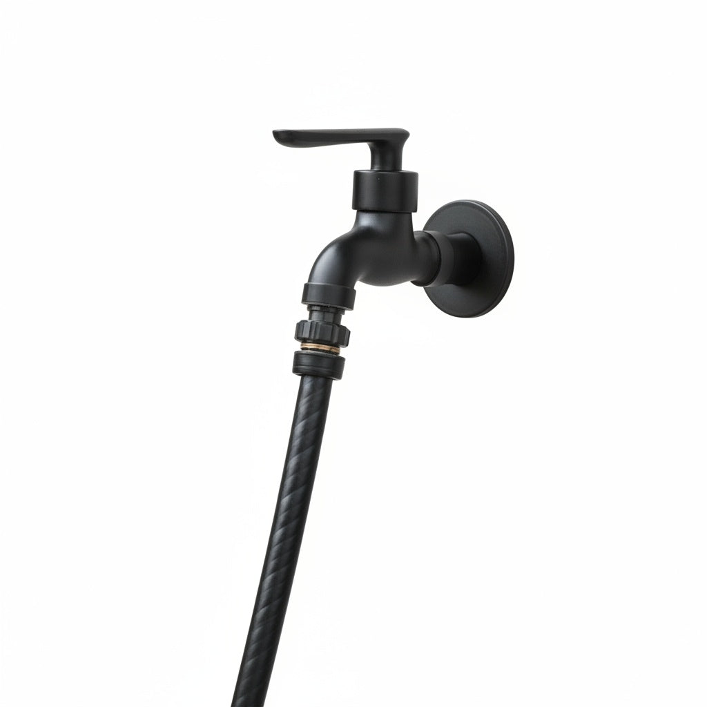 Brass Wall-Mounted Garden Tap with Hose Connector, Matt Black