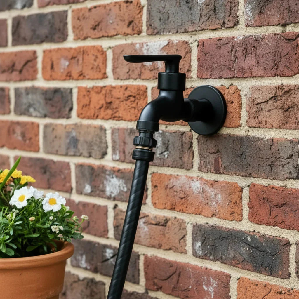Brass Wall-Mounted Garden Tap with Hose Connector, Matt Black
