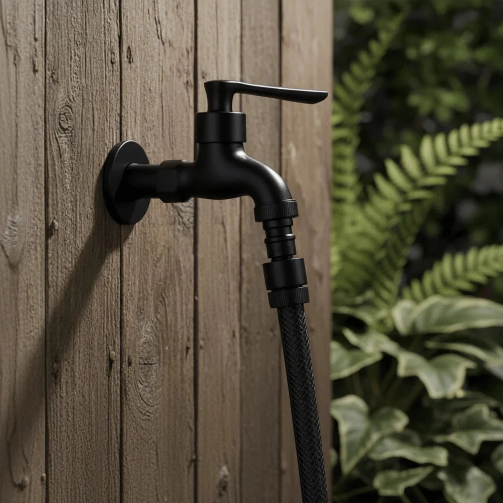 Brass Wall-Mounted Garden Tap with Hose Connector, Matt Black