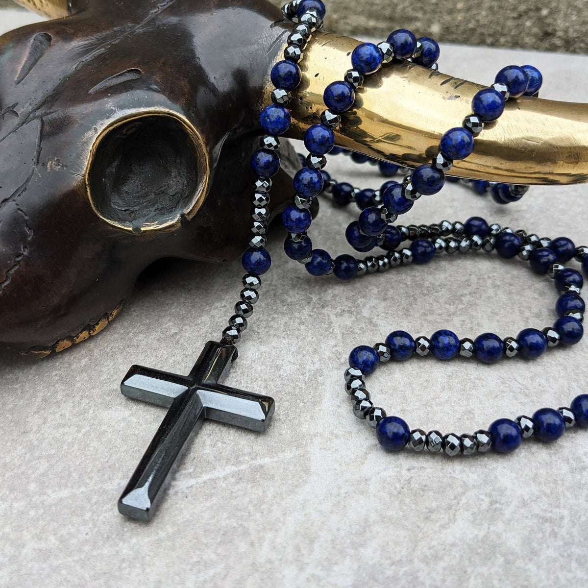 Natural Gemstone Rosary Necklace with Cross Pendant for Men