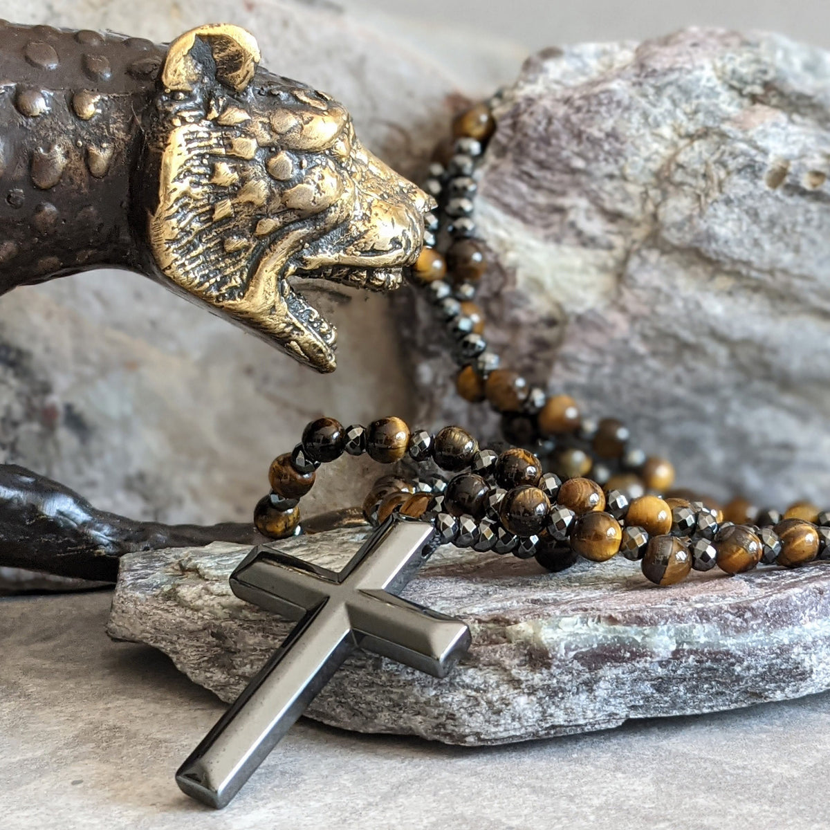 Natural Gemstone Rosary Necklace with Cross Pendant for Men