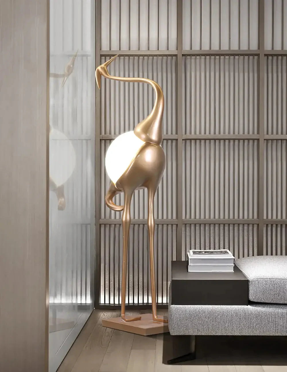 Art Deco Crane Floor Lamp with Frosted Glass Globe