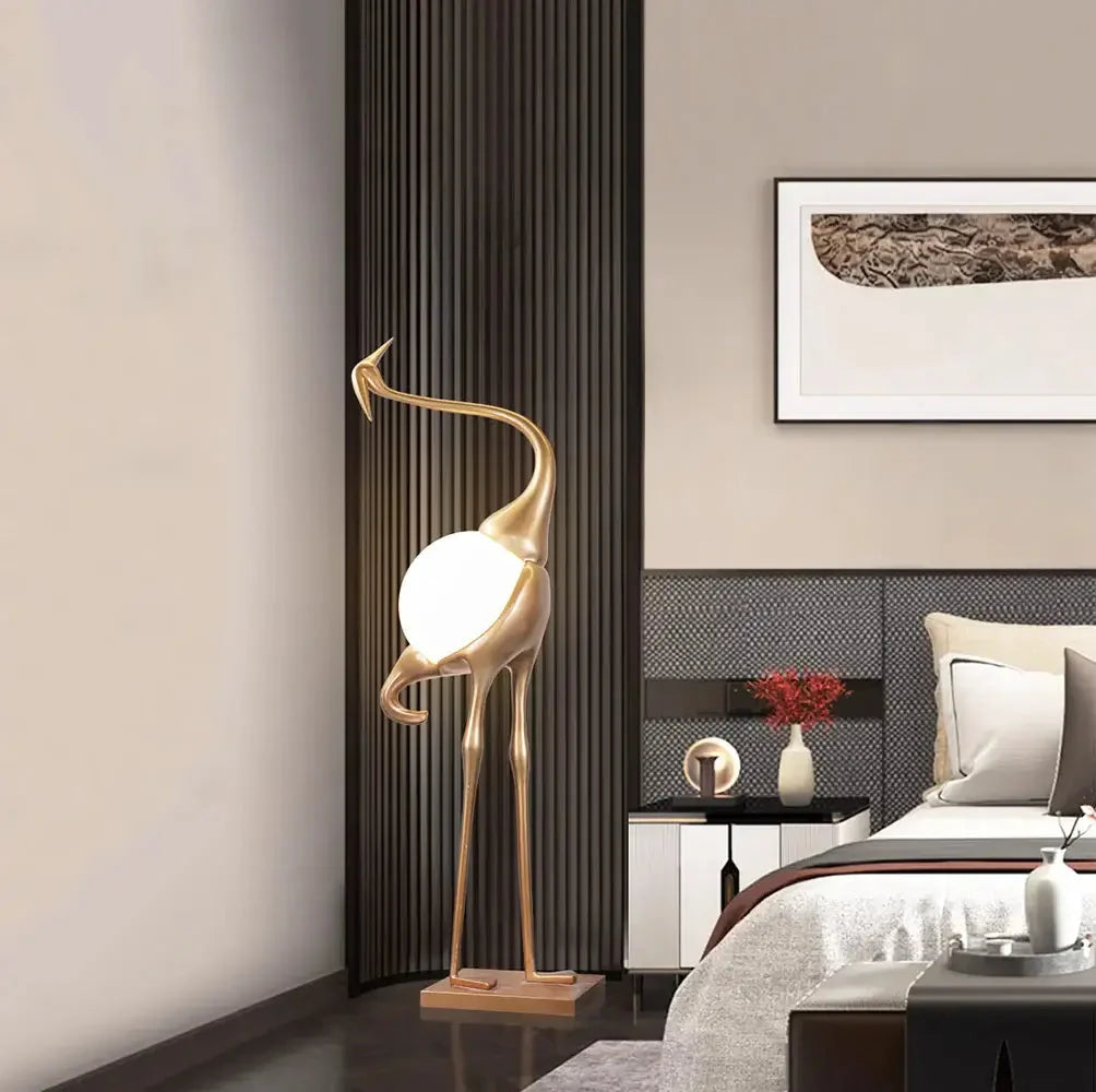 Art Deco Crane Floor Lamp with Frosted Glass Globe