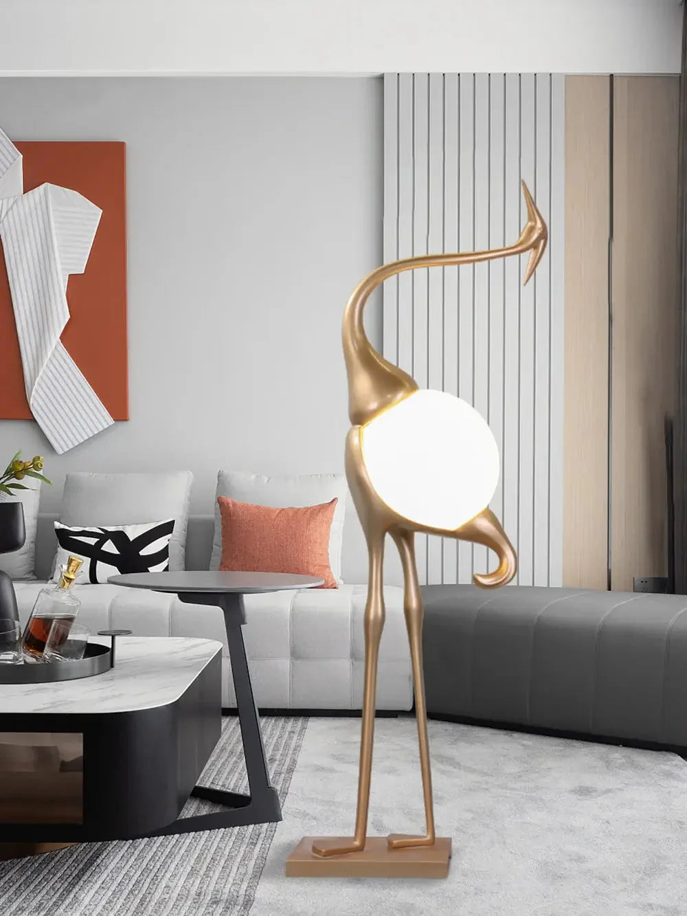 Art Deco Crane Floor Lamp with Frosted Glass Globe