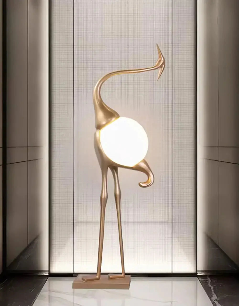 Art Deco Crane Floor Lamp with Frosted Glass Globe