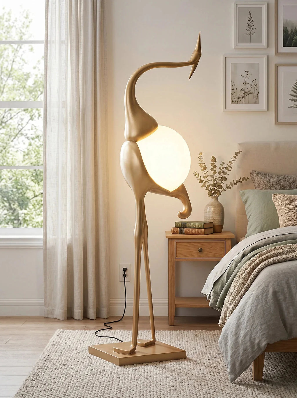 Art Deco Crane Floor Lamp with Frosted Glass Globe