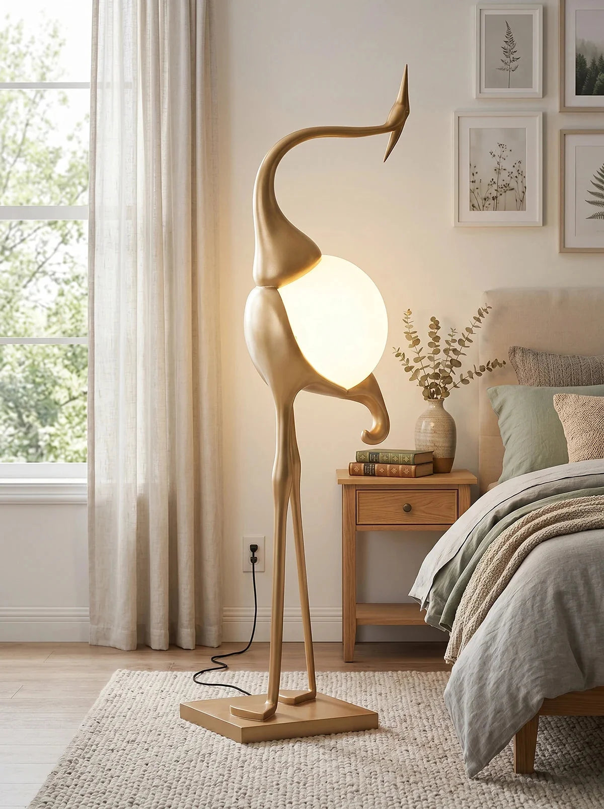 Art Deco Crane Floor Lamp with Frosted Glass Globe