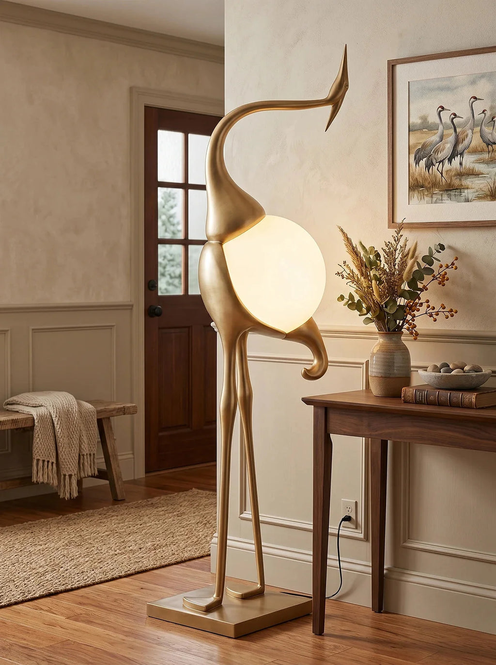 Art Deco Crane Floor Lamp with Frosted Glass Globe