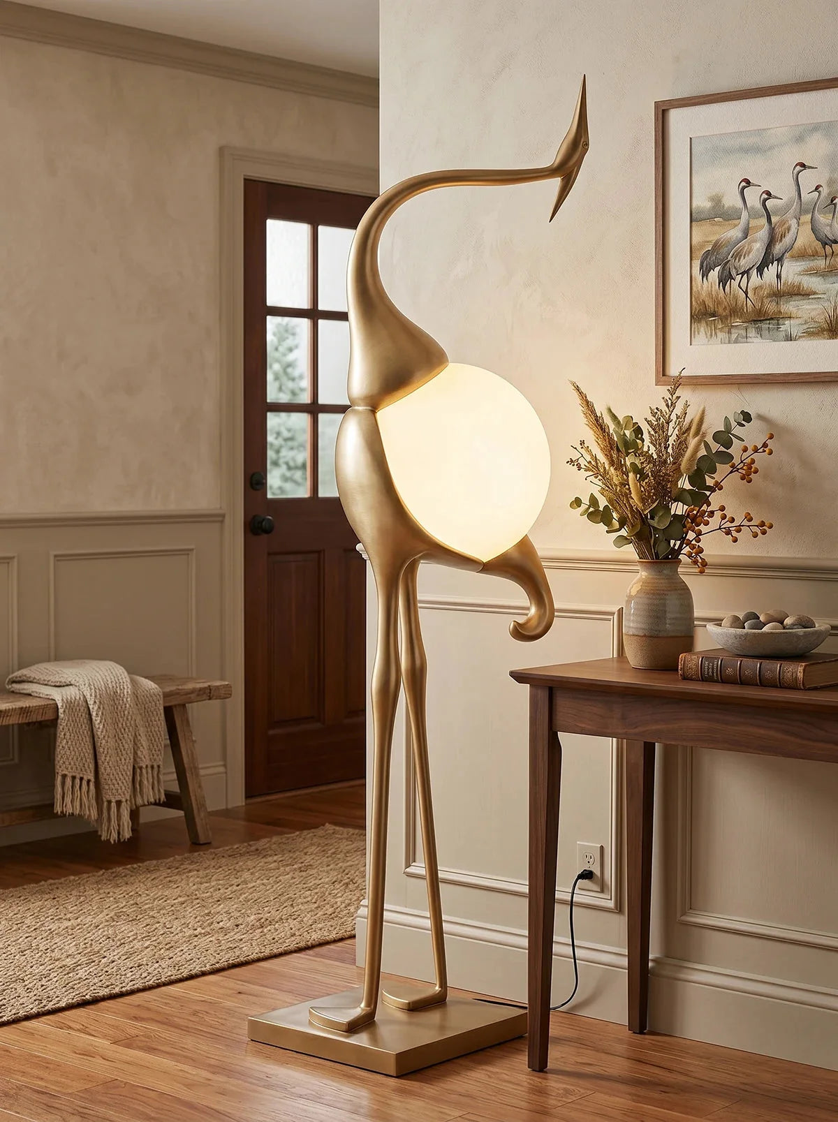 Art Deco Crane Floor Lamp with Frosted Glass Globe