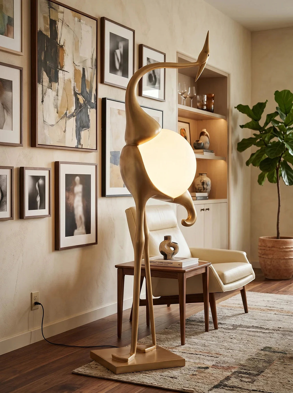 Art Deco Crane Floor Lamp with Frosted Glass Globe