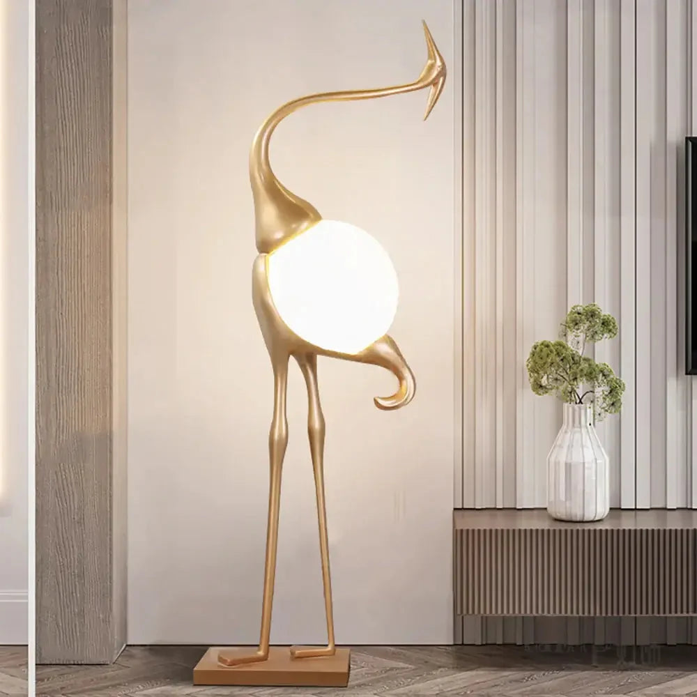 Art Deco Crane Floor Lamp with Frosted Glass Globe