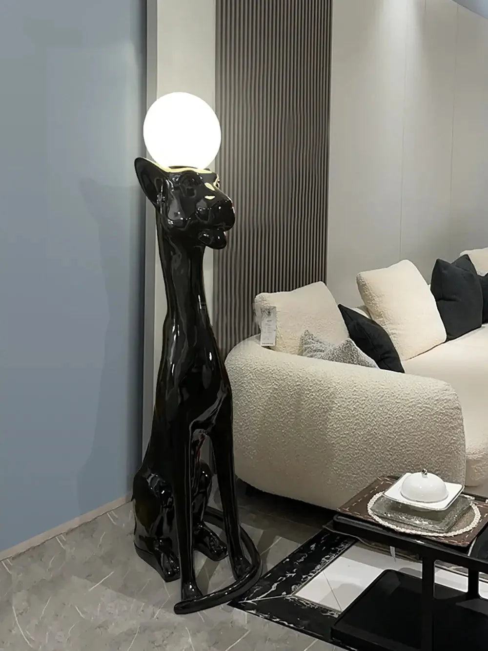 Art Deco Panther Floor Lamp with Opal Glass Globe Shade