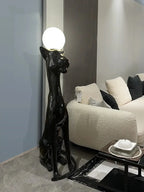 Art Deco Panther Floor Lamp with Opal Glass Globe Shade