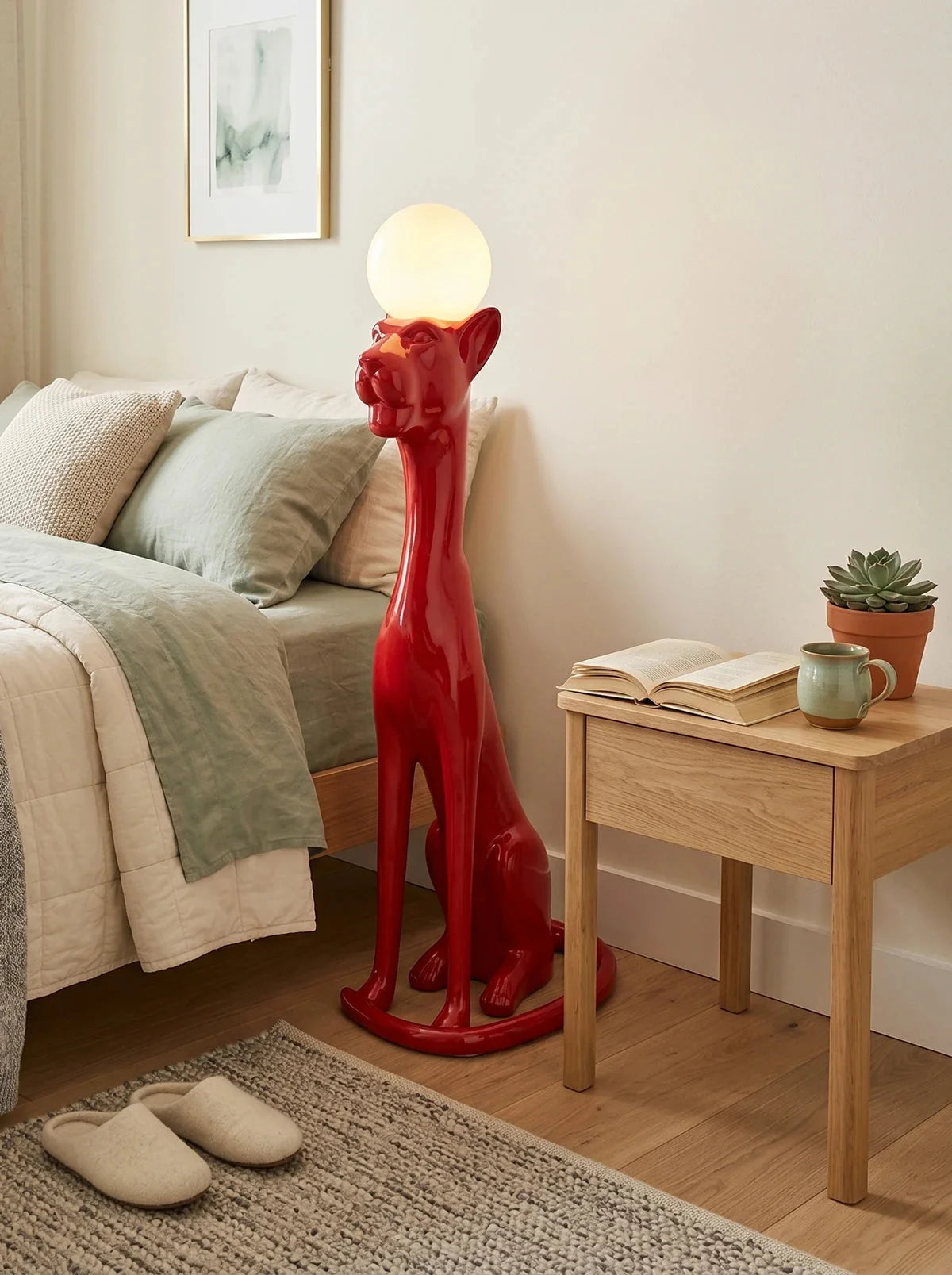Art Deco Panther Floor Lamp with Opal Glass Globe Shade