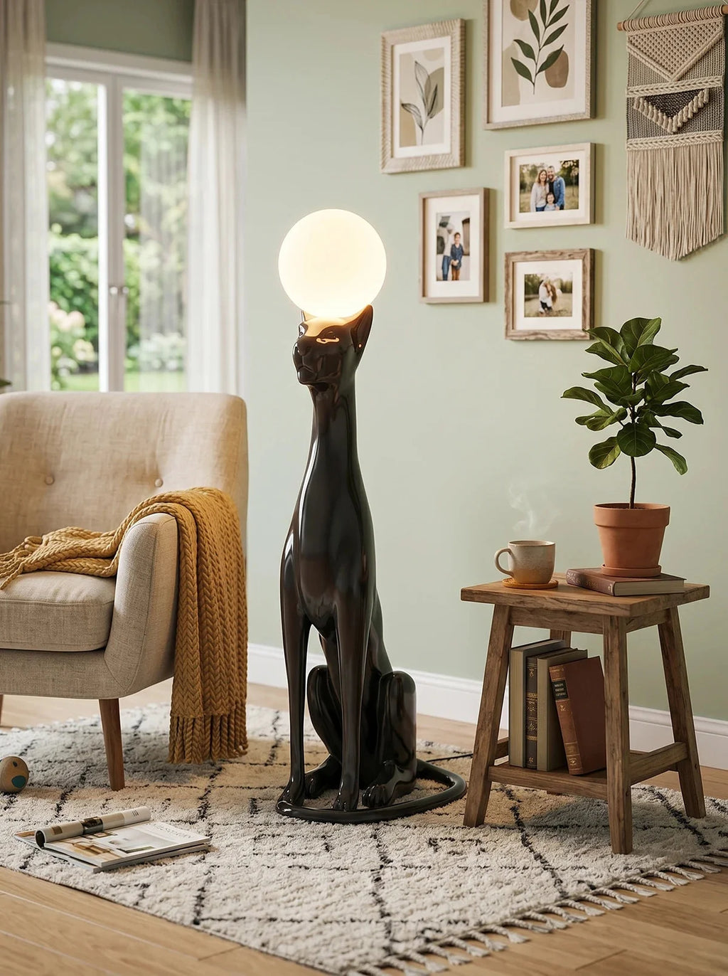 Art Deco Panther Floor Lamp with Opal Glass Globe Shade