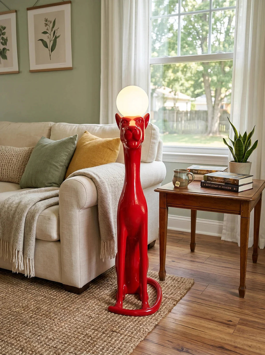 Art Deco Panther Floor Lamp with Opal Glass Globe Shade