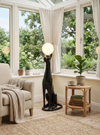 Art Deco Panther Floor Lamp with Opal Glass Globe Shade