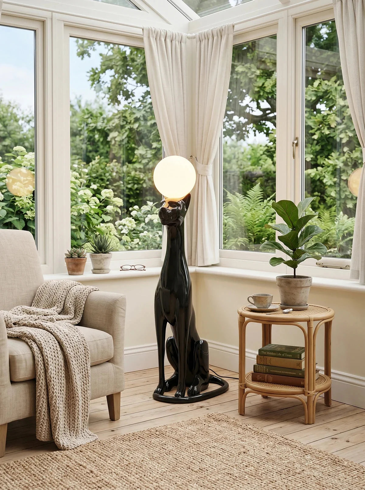 Art Deco Panther Floor Lamp with Opal Glass Globe Shade