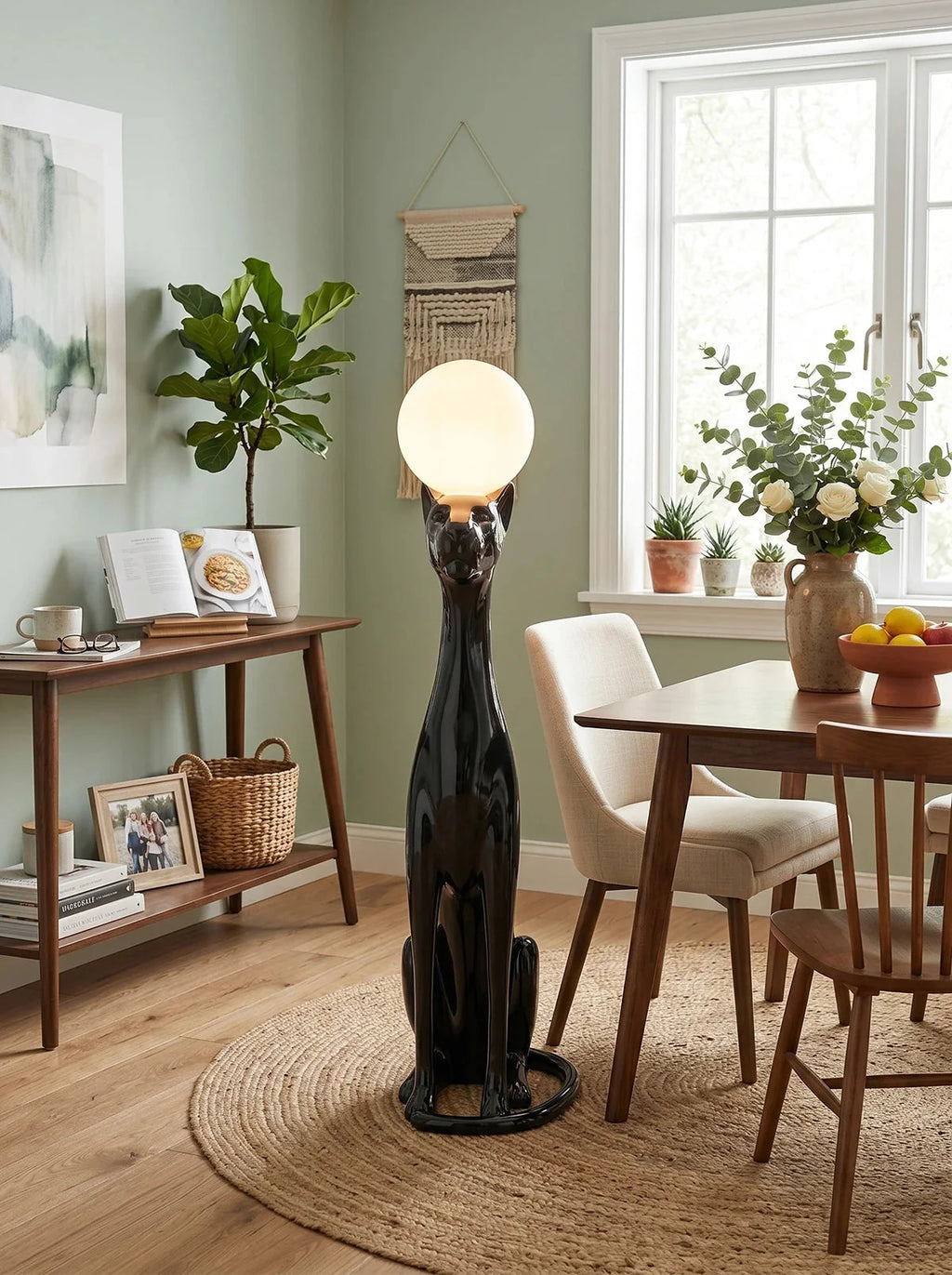 Art Deco Panther Floor Lamp with Opal Glass Globe Shade