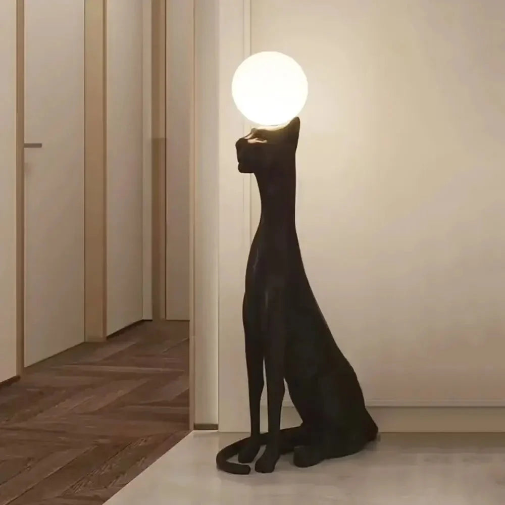 Art Deco Panther Floor Lamp with Opal Glass Globe Shade