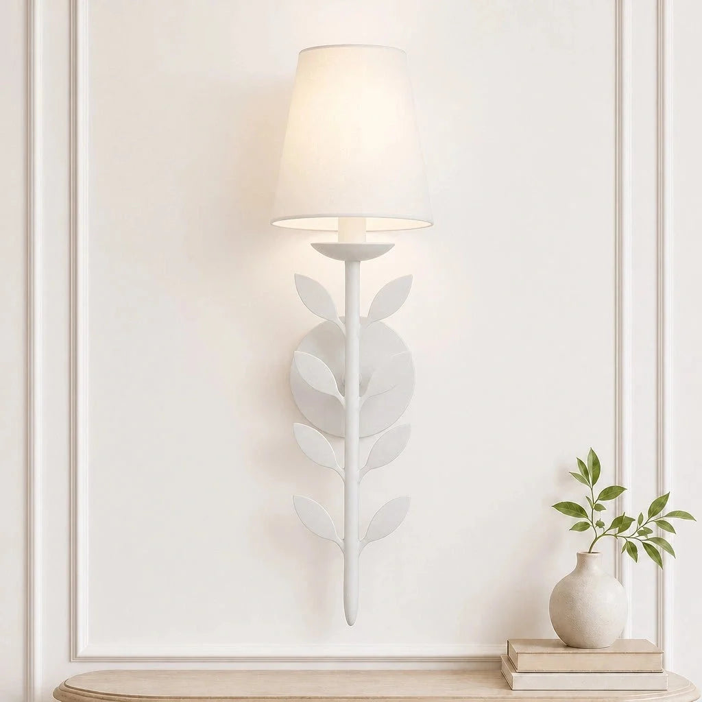 Boho Leaf Wall Light with Cream Fabric Shade, Four Finishes