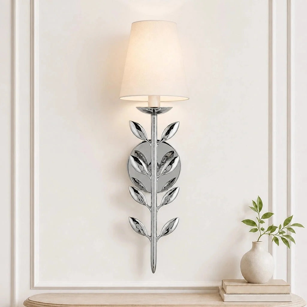 Boho Leaf Wall Light with Cream Fabric Shade, Four Finishes