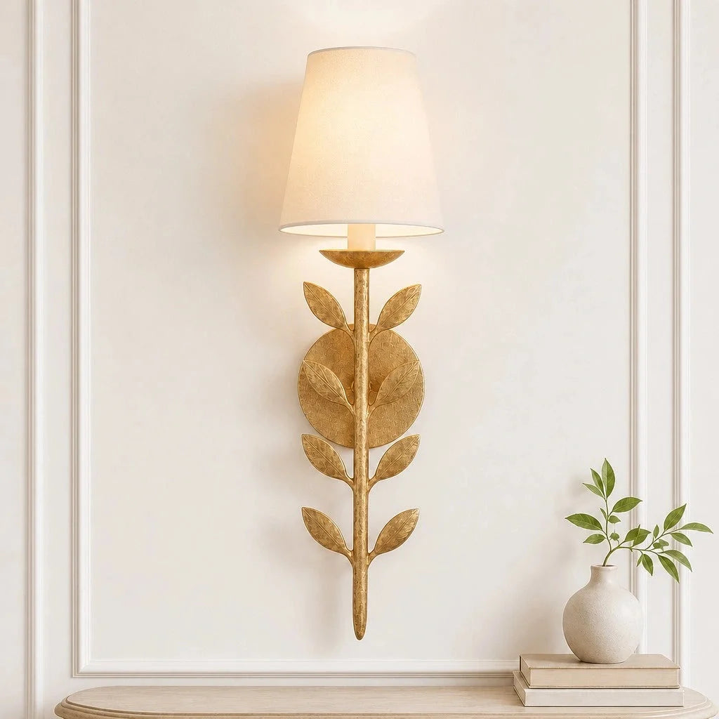 Boho Leaf Wall Light with Cream Fabric Shade, Four Finishes