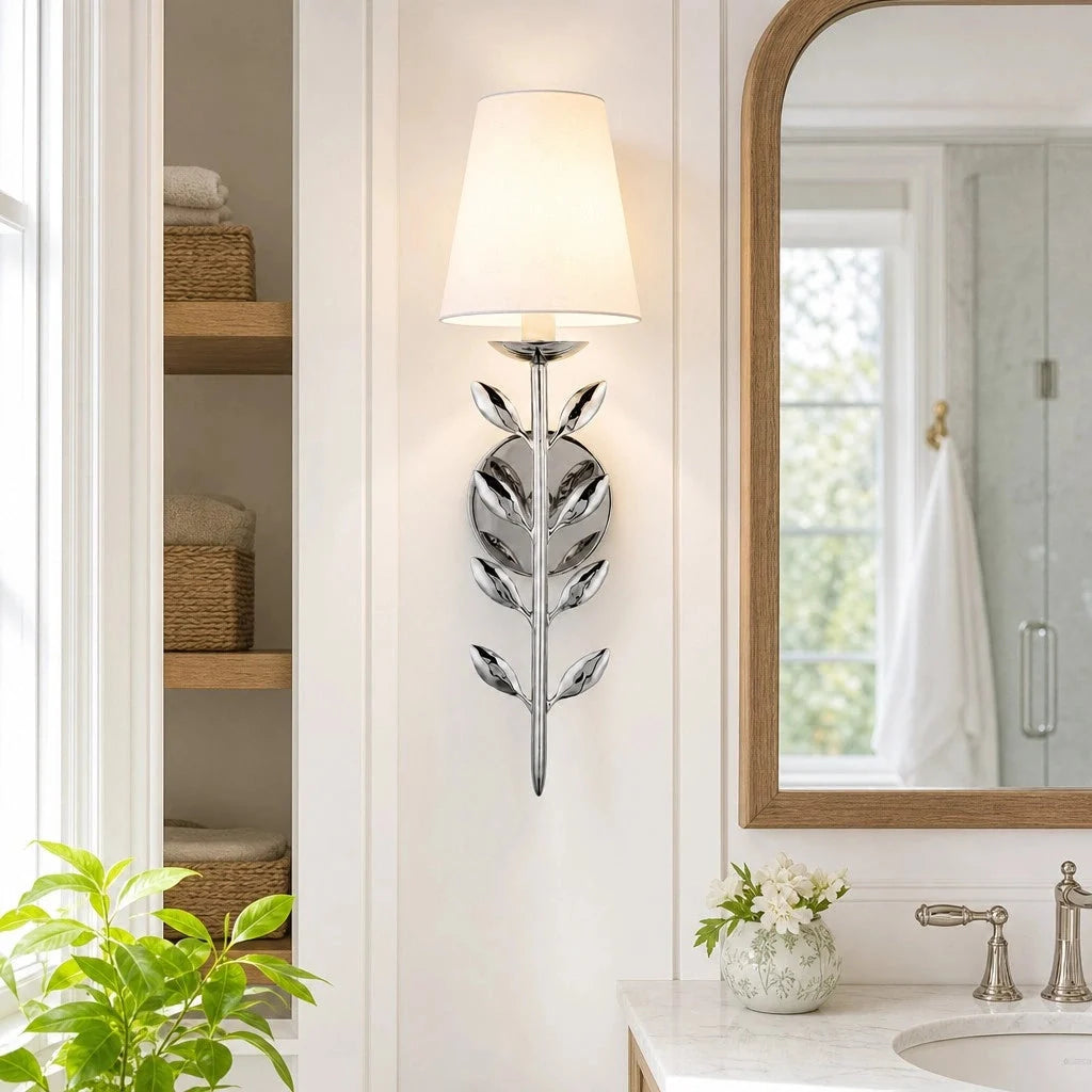 Boho Leaf Wall Light with Cream Fabric Shade, Four Finishes
