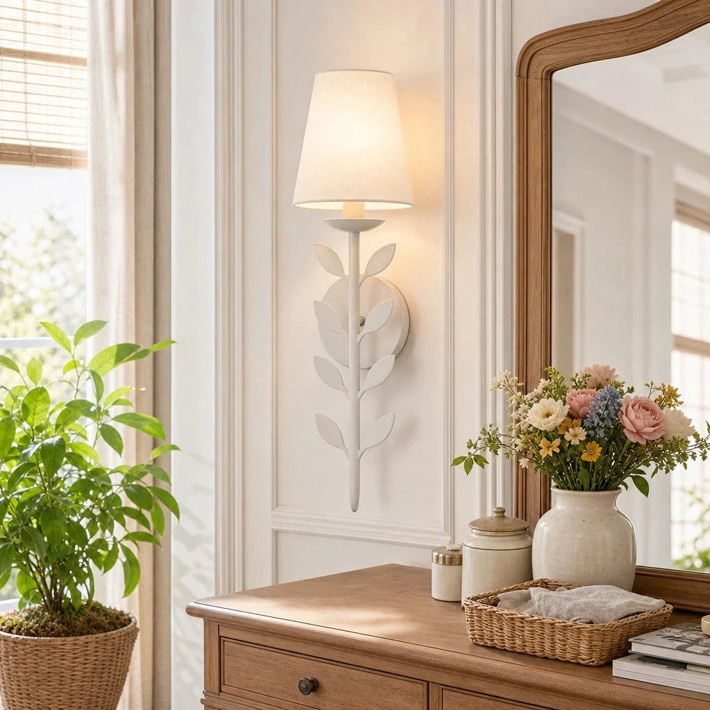 Boho Leaf Wall Light with Cream Fabric Shade, Four Finishes