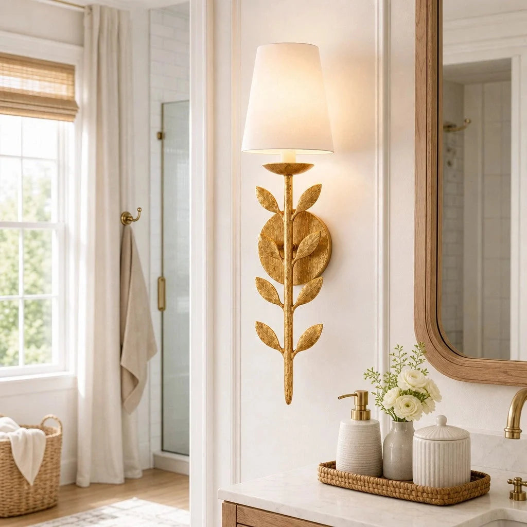 Boho Leaf Wall Light with Cream Fabric Shade, Four Finishes