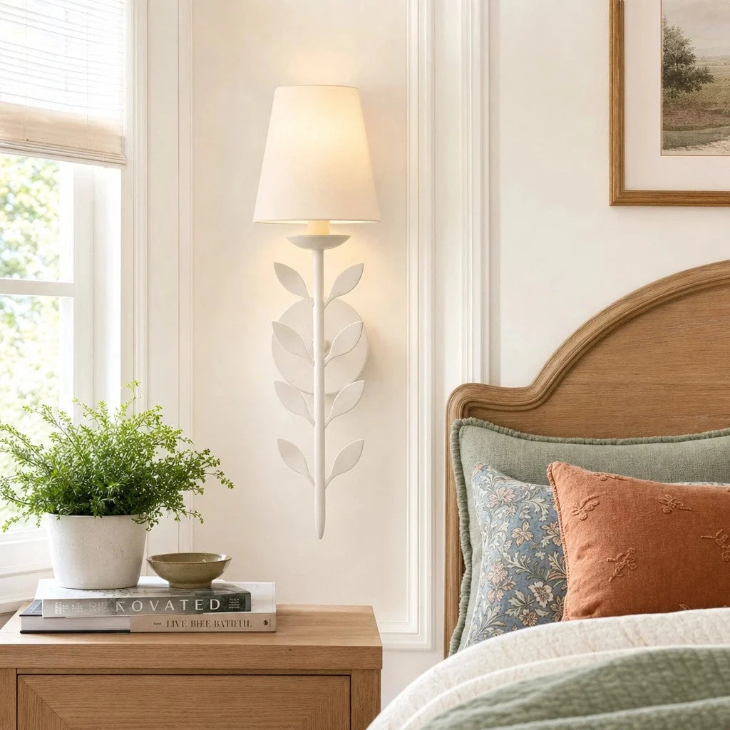 Boho Leaf Wall Light with Cream Fabric Shade, Four Finishes