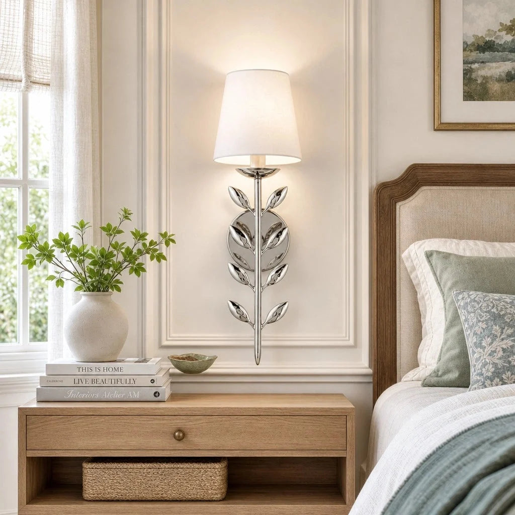 Boho Leaf Wall Light with Cream Fabric Shade, Four Finishes