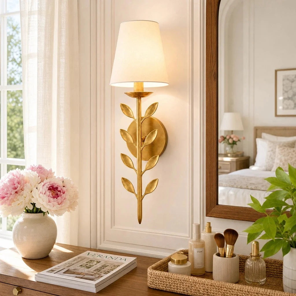 Boho Leaf Wall Light with Cream Fabric Shade, Four Finishes