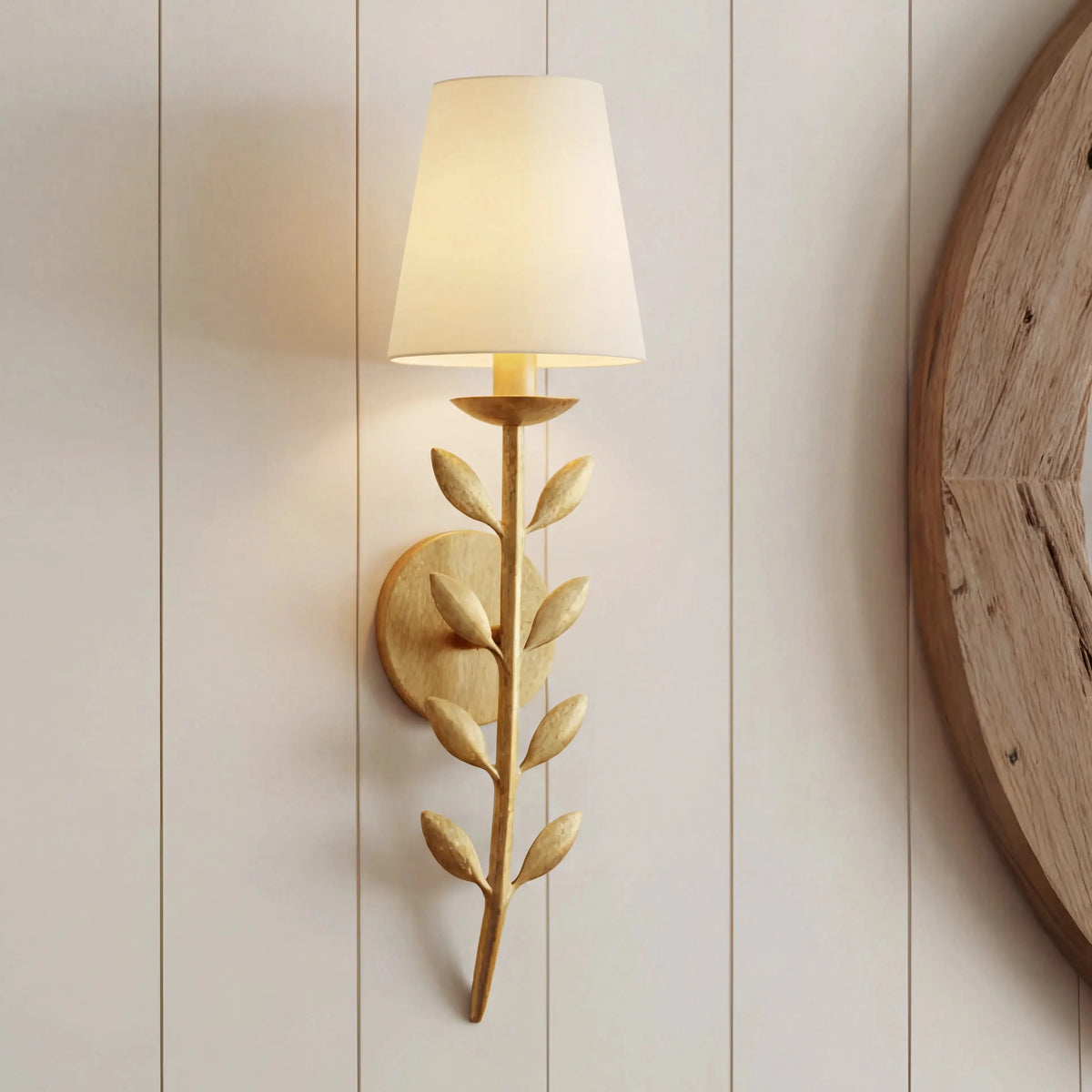 Boho Leaf Wall Light with Cream Fabric Shade, Four Finishes