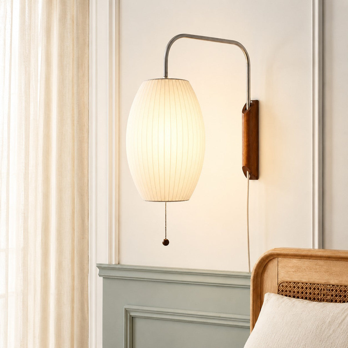 Retro Ribbed Bubble Wall Light with Walnut Wood Base, Swing Arm