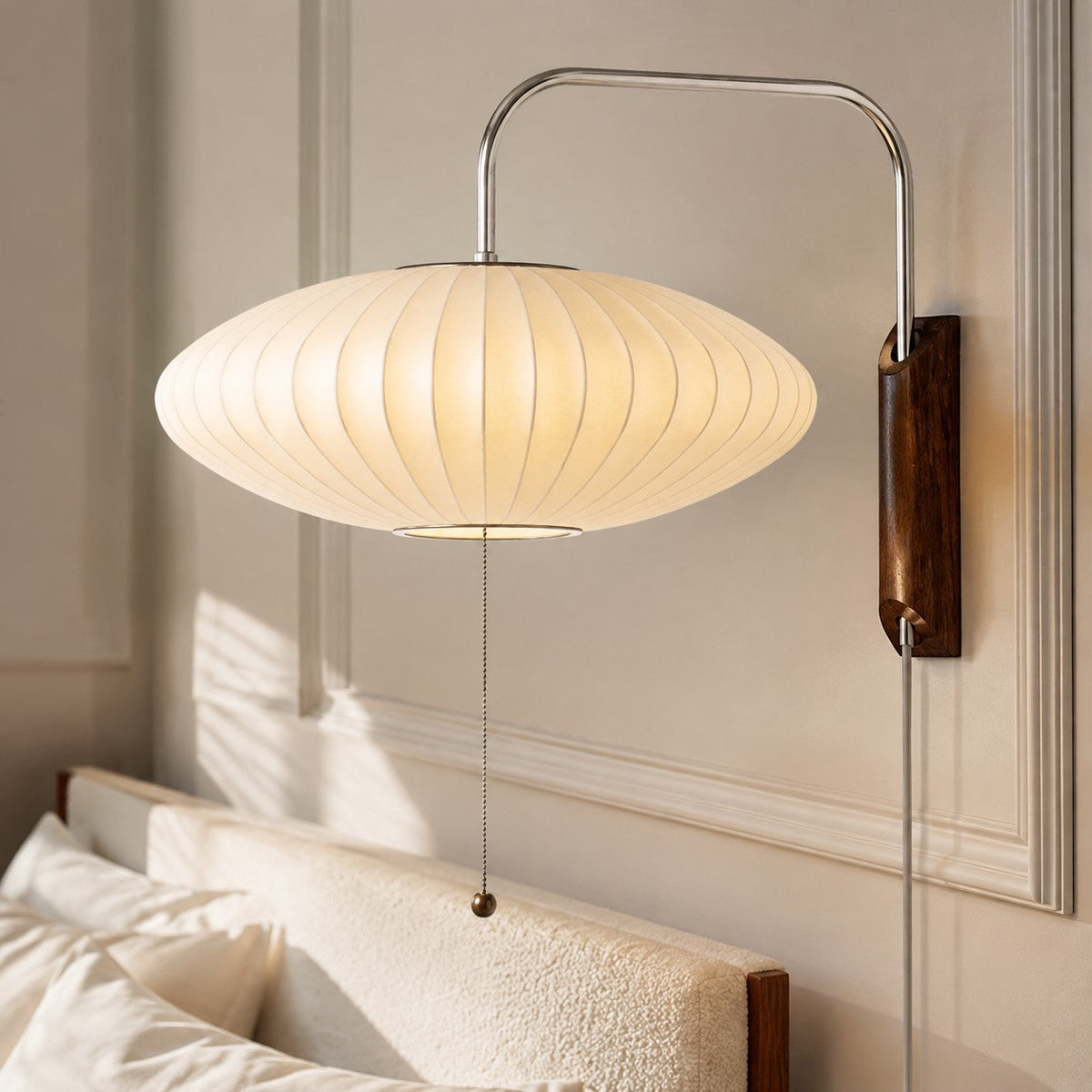 Retro Ribbed Bubble Wall Light with Walnut Wood Base, Swing Arm