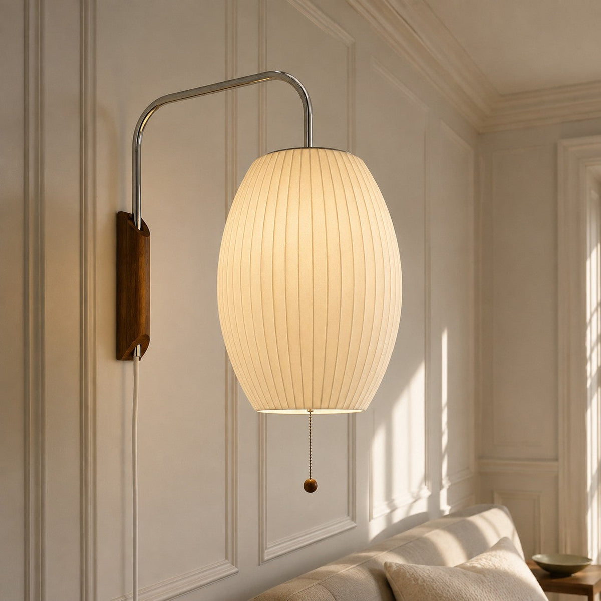 Retro Ribbed Bubble Wall Light with Walnut Wood Base, Swing Arm