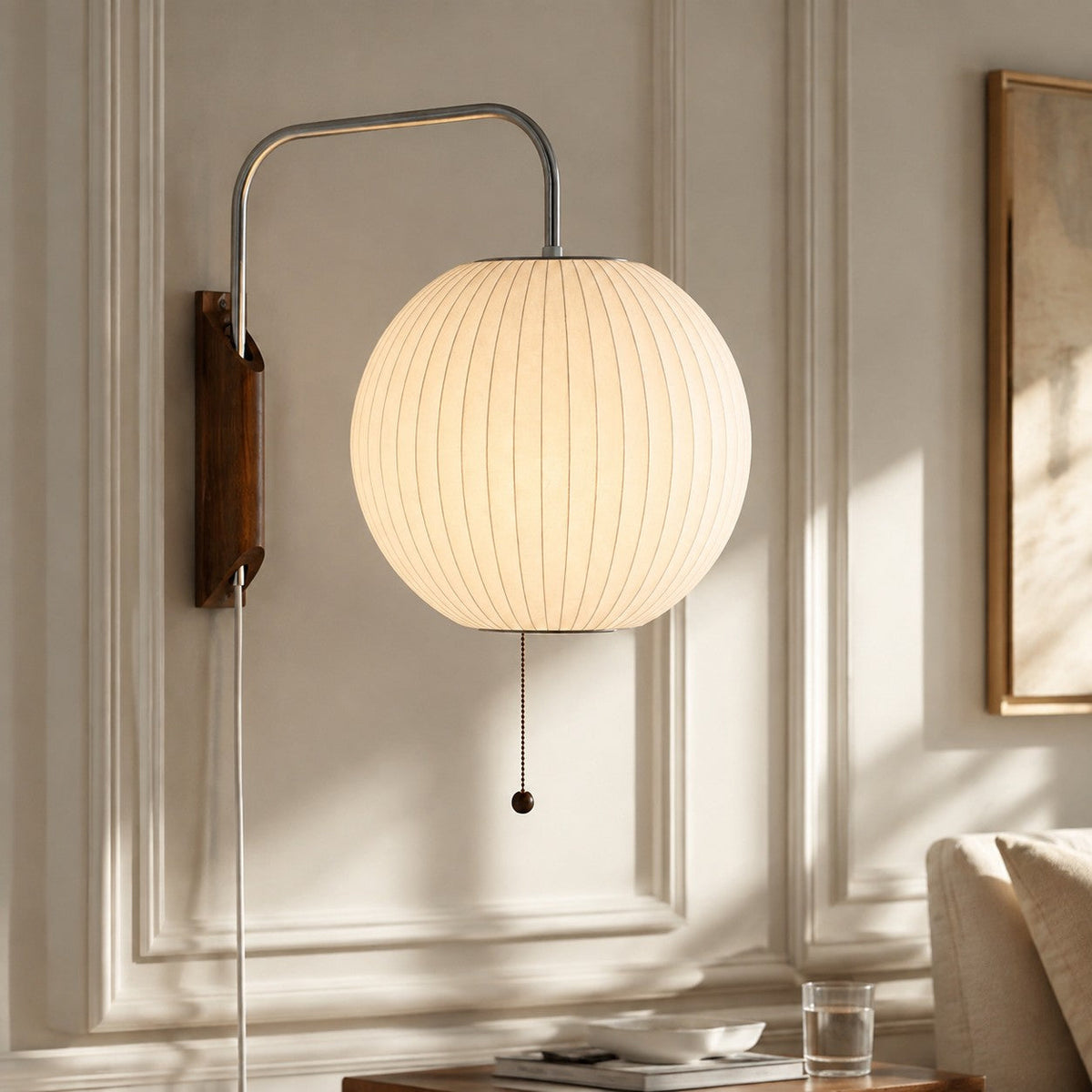 Retro Ribbed Bubble Wall Light with Walnut Wood Base, Swing Arm