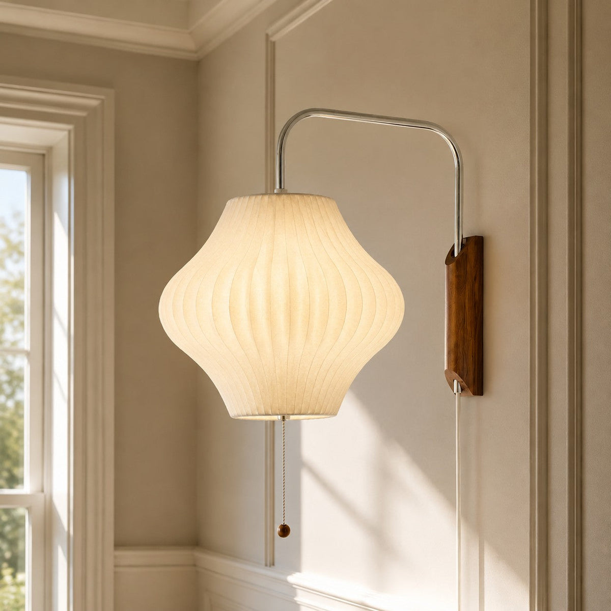 Retro Ribbed Bubble Wall Light with Walnut Wood Base, Swing Arm